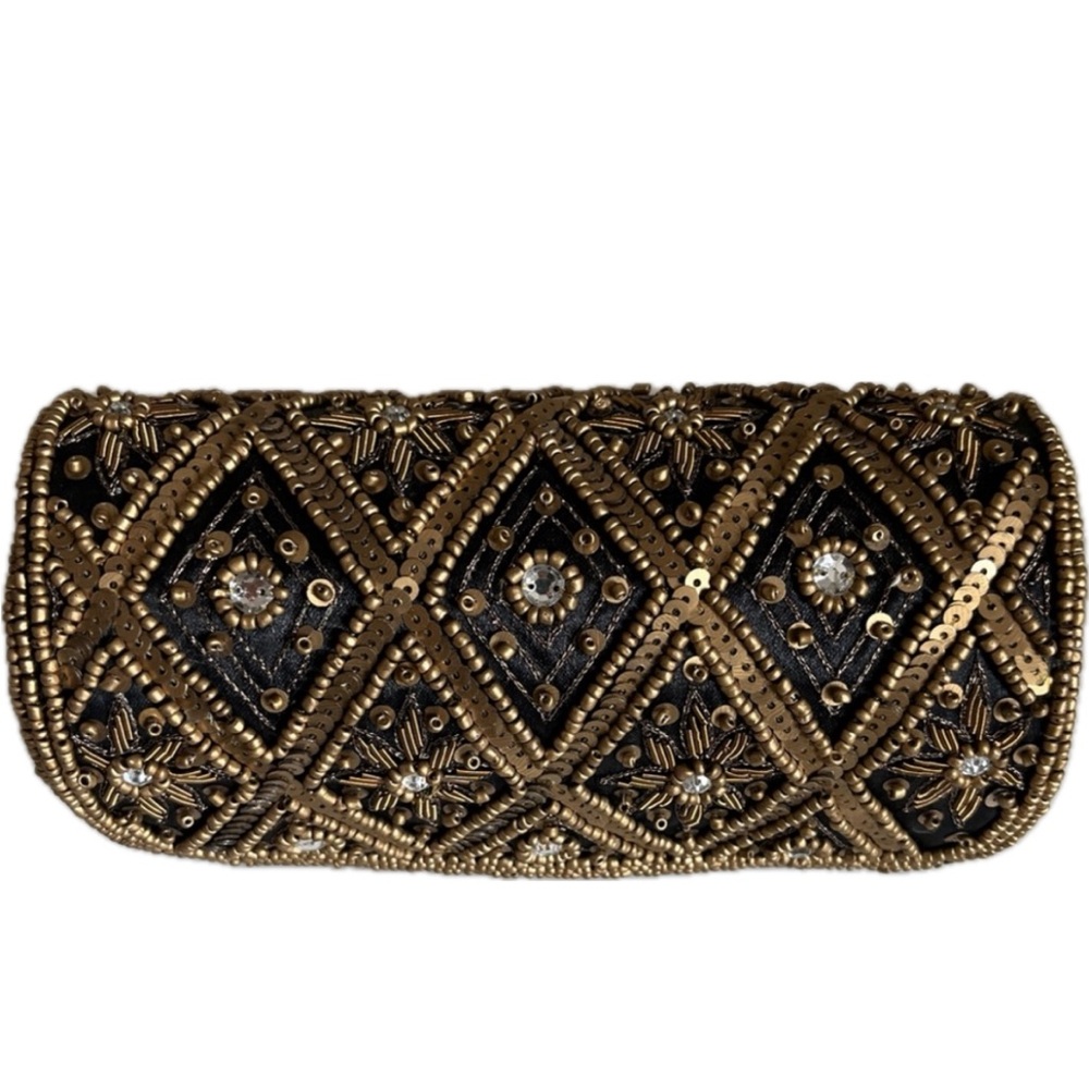 Beautiful Beaded Sequin Round Cylinder Vintage Clutch Bag Purse Black Gold